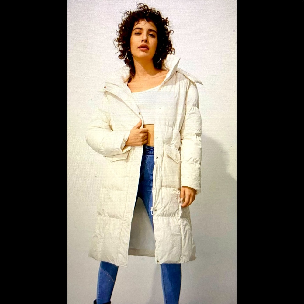 BRAND NEW WOMEN’S BEIGE Flap Pocket Zipper HOODED PUFFER Coat By SHEIN
